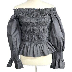 House of Harlow 1960 Black Smocked Off Shoulder Peplum Puff Sleeves Blouse Top L